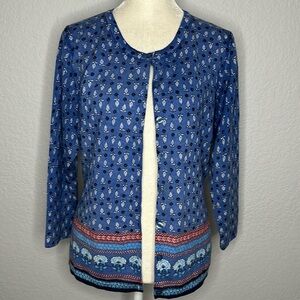 Garnet Hill Merino Wool Round Neck Cardigan Blue Print Large